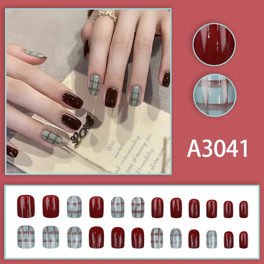 Watercolor Rose Fake Nail with Jelly sticker Press on False Nails Wearable Round Head Oval Full Cover Nail Tips