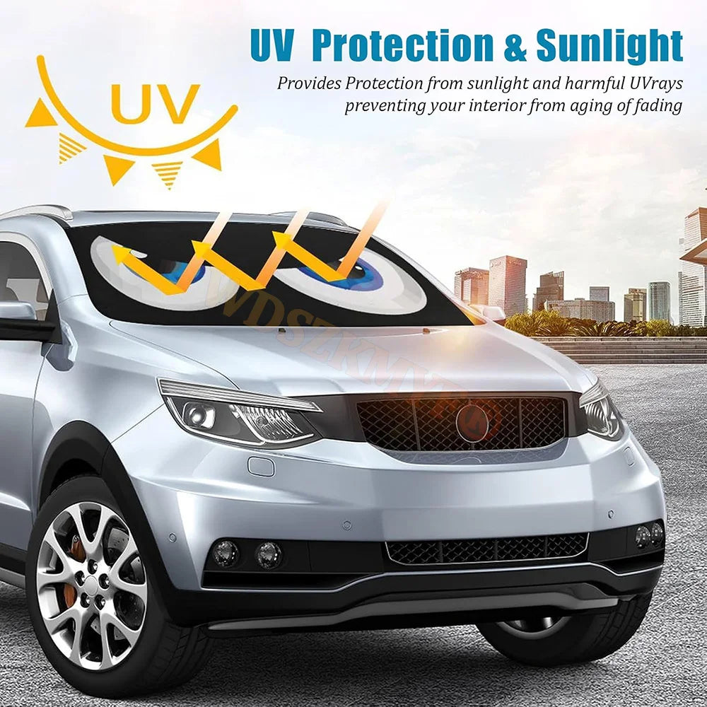 Car Cartoon Devil's Eye Foldable 59'x27.5' Car Windshield Sun Shade, Funny Car Eyes Sun Visor Wear-ResistantFoldable Reflective