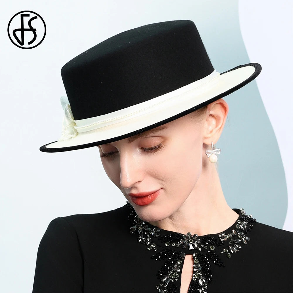 Women's Black/White Flat Top Wool Felt Fedora Hat with Flower Faux Pearl Detail Winter Dress Cap Stylish French Millinery