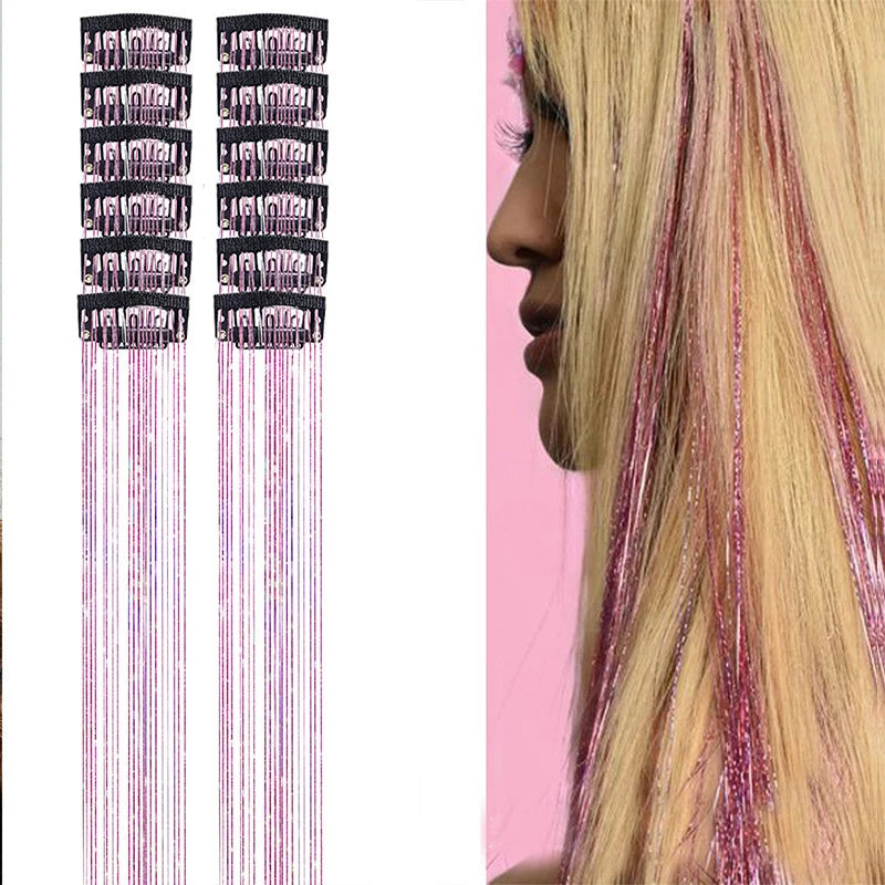 12pcs Per Pack of BB Hair Clips,Shiny Metallic Hair Extensions with Clips,Synthetic Hair, Sparkling Hair Accessories for Women