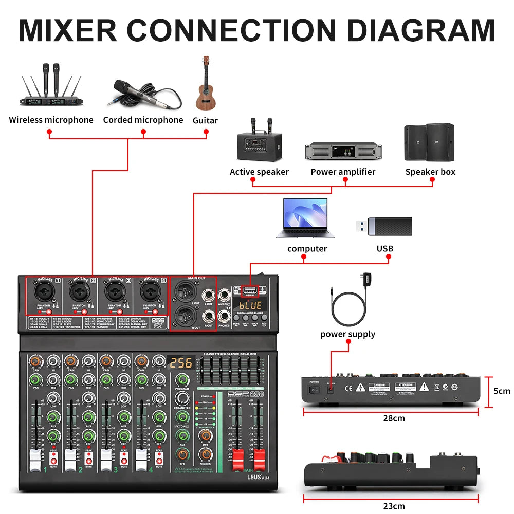 LEUS AU4 Channel 256 DSP Effect Audio Mixer Record PC 48V Phantom Power USB Sound Mixers Bluetooth DJ Console Mixing for Karaok