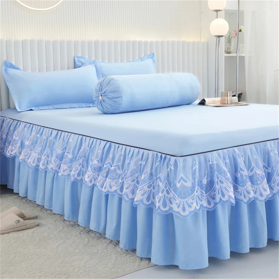 3pcs Bedskirt Set (Bedsheet * 1 Pillowcase * 2, Without Core), 100% Polyester Fiber Solid Color Double-layer Lace