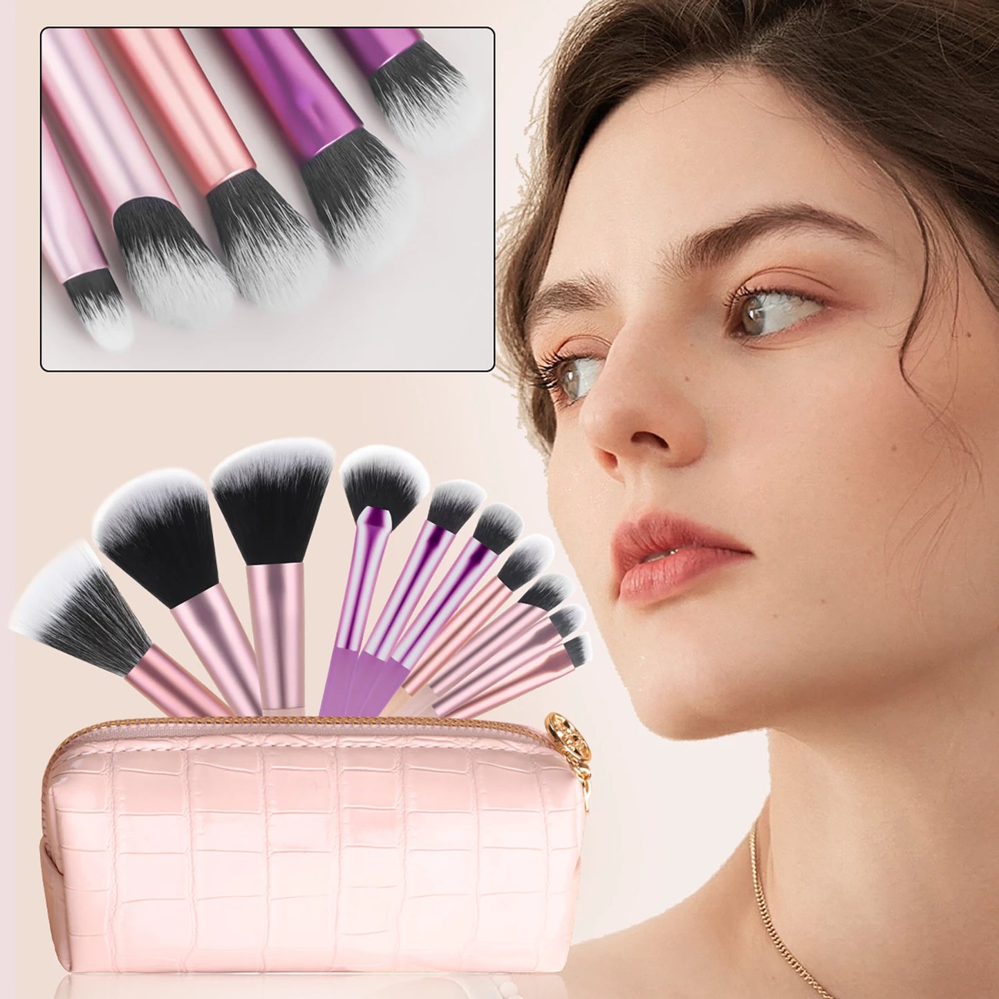 10 mini transparent handle brushes+crocodile patterned bag makeup brush Travel portable Makeup Tool Professional with bag