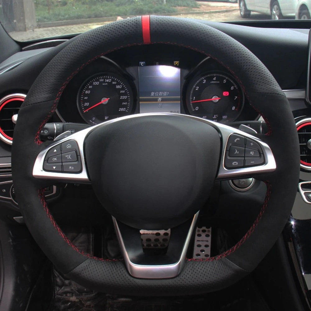 Car Steering Wheel Cover DIY Black Genuine Leather Suede For Mercedes Benz C200 C250 C300 Sport CLA220 B250 B260 A200 A250