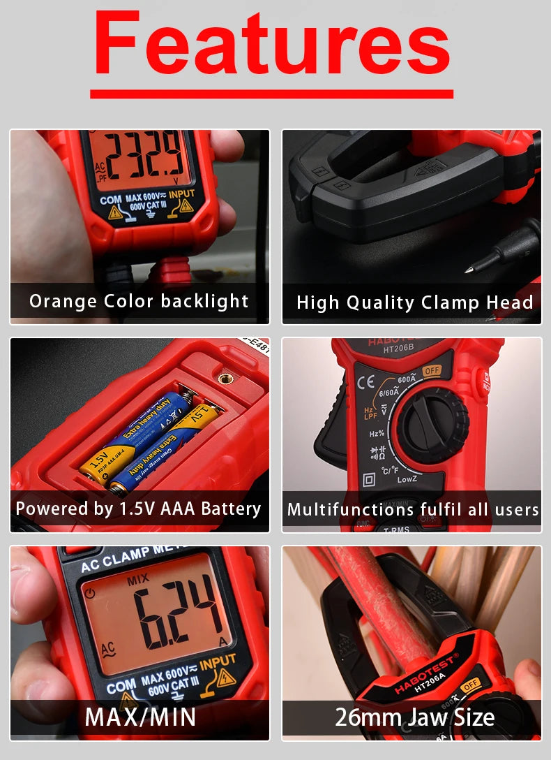 HABOTEST Digital Clamp Meter HT206A HT206B HT206D 600A AC DC Current Two-color Backlight NCV Voltmeter Ammeter With Leather Case