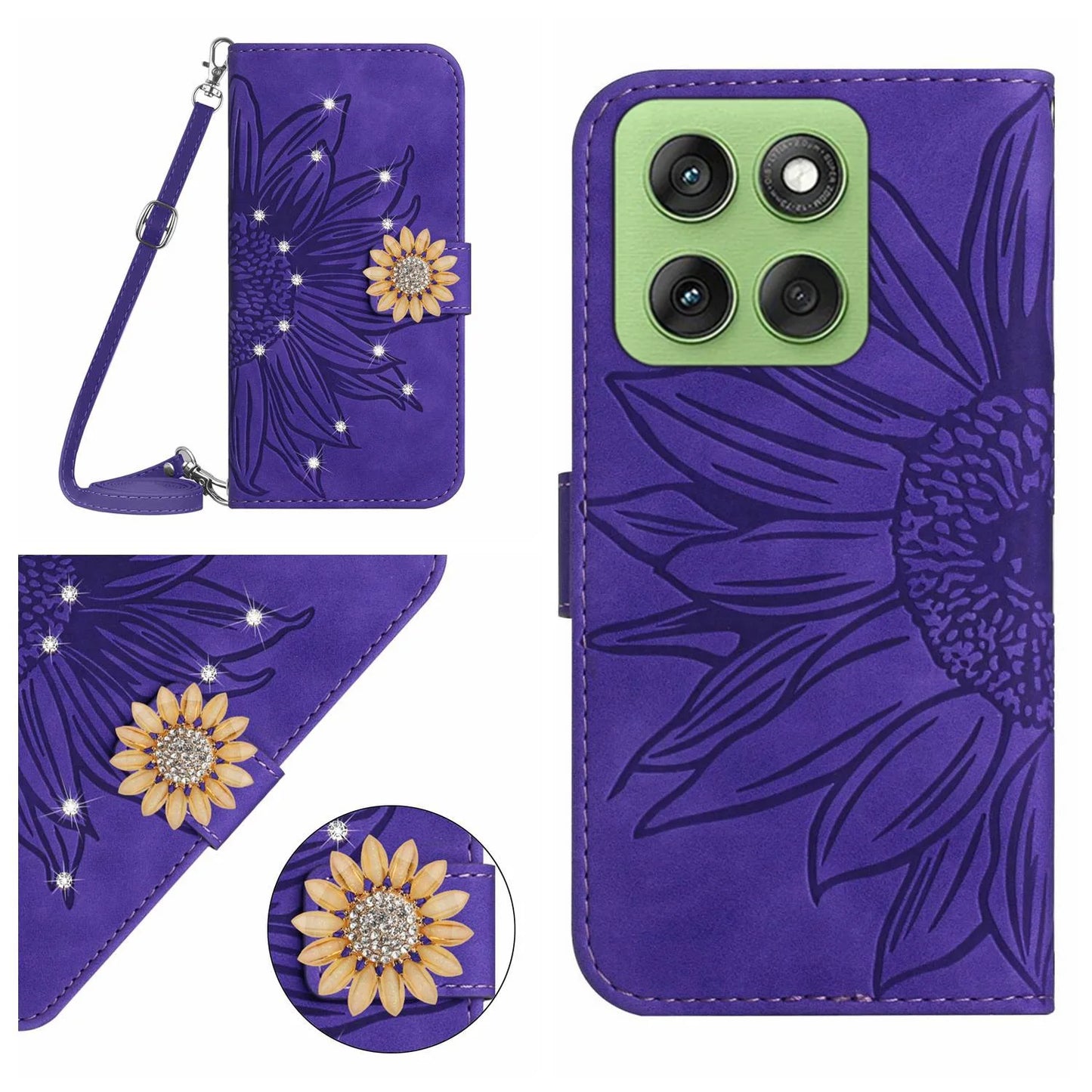 Sunflower Crossbody Wallet Book Case For VIVO V60 V50 V40 V27 V25 V23 V21 V20 T2 T1 Leather Lanyard 3 Cards Anti Drop Flip Cover