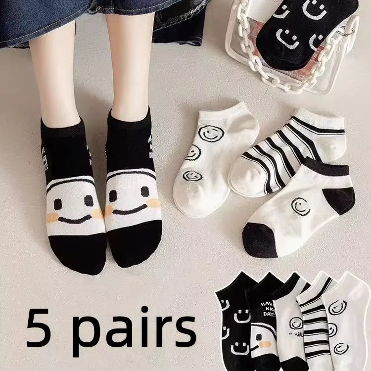 5 Pairs Cute Expression Print Socks, Comfy & Funny All-match Mid Tube Socks, Women's Stockings & Hosiery