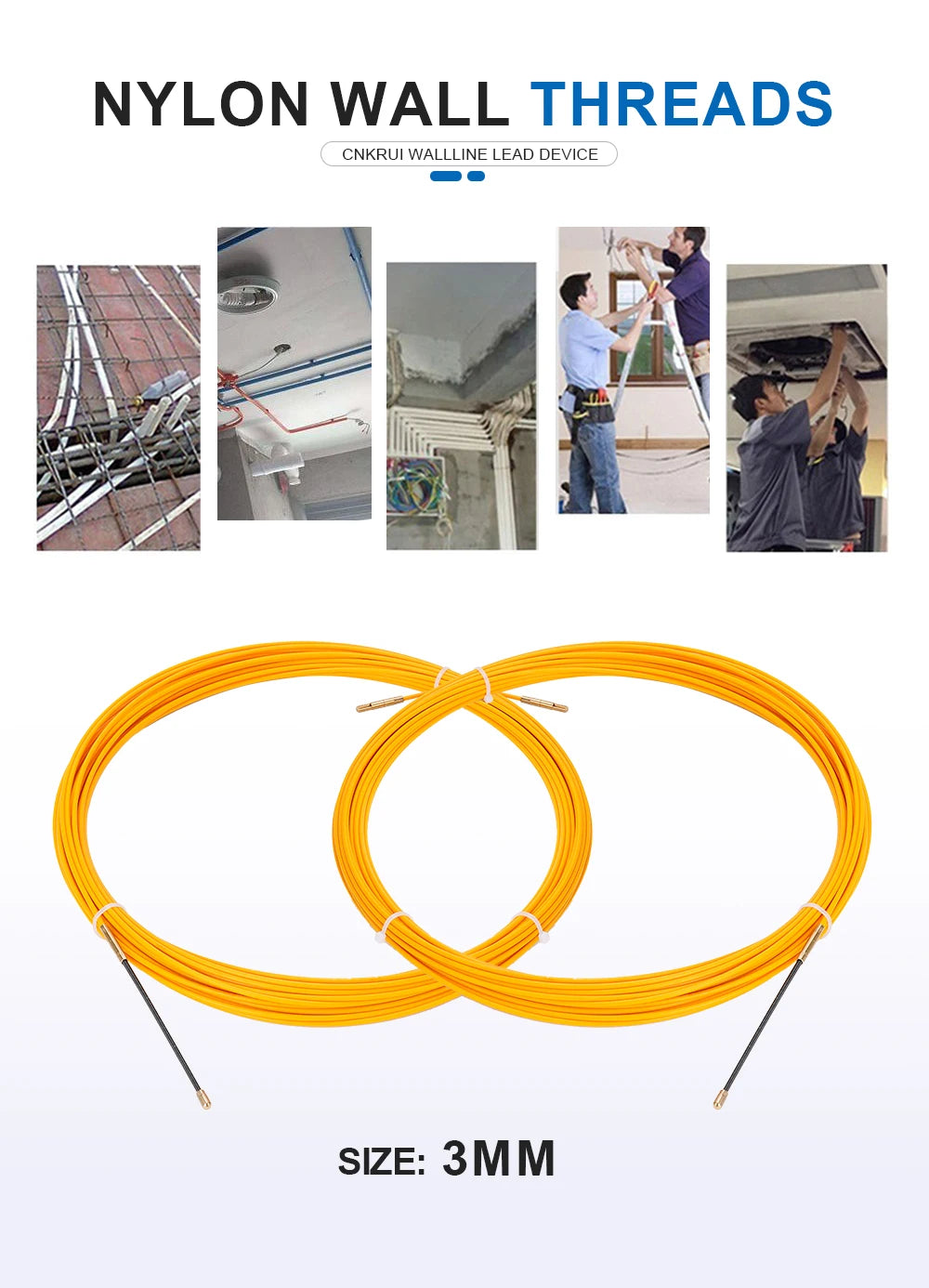 3mm 5M-50M Fiberglass Cable Puller Electrician Tape Conduit Ducting Wall Wire Threader Fish Guide Electrician Pushing Tape