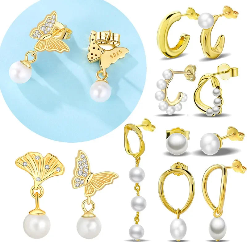 Sterling Silver S925 Pearl Gold Yellow Circular Hoop Earrings Drop Earring Original Charms Fine Jewelry for Women Elegant