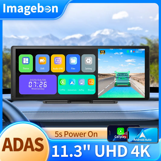 Imagebon 11.3″ 4K ADAS Rearview Mirror Camera Wireless CarPlay & Android Auto 3 Channel Recording Dash Cam GPS Navigation DVR