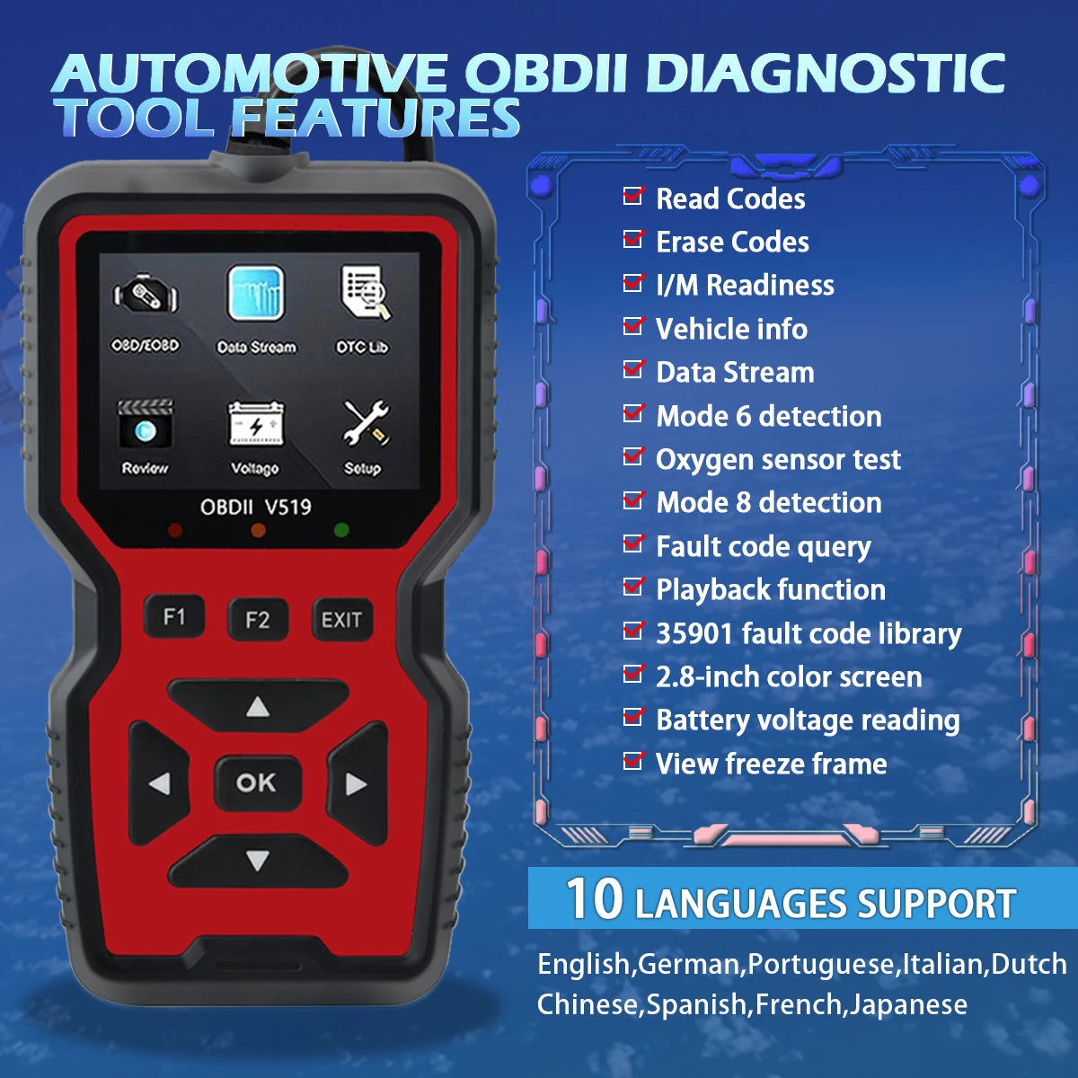 Car Fault Detector V519 Obd2 Scanner Fault Diagnosis Tester Engine System Diagnostic Tool Code Reader