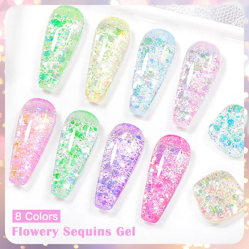 7ml Flowery Glitter Sequins Gel Nail Polish Shiny Sparkling Color Semi Permanant Soak Off Manicure Nail Art Varnish