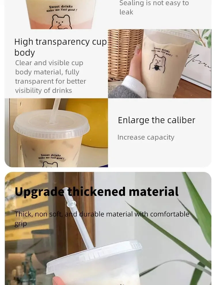 Cartoon Bear Pattern Large Capacity Plastic Straw Cup Handheld Beverage Cup Suitable For Coffee Milk Tea