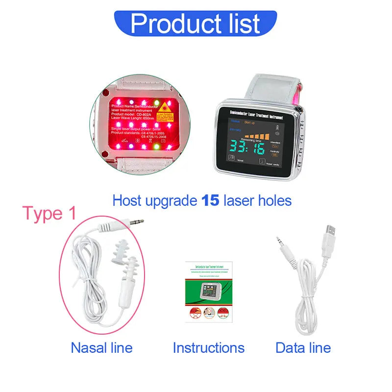 15 Laser 650nm Laser Therapy Wrist Watch LLLT for Diabetes Hypertension Cholesterol Treatment Laser Rhinitis Physiotherapy