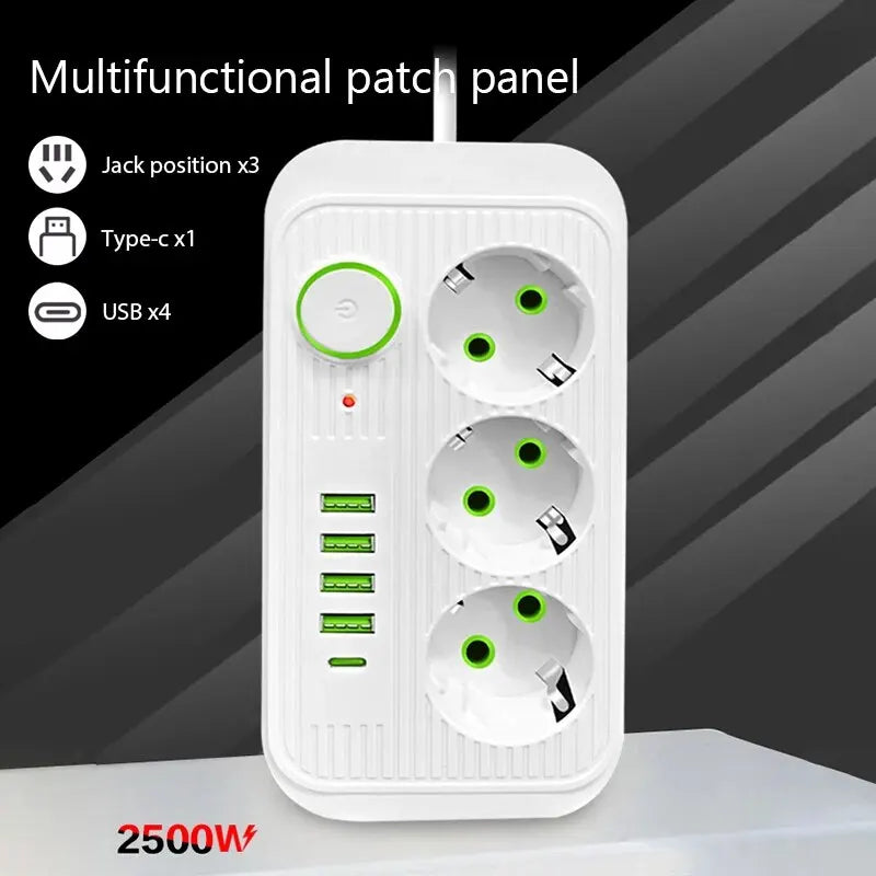 EU Plug Power Strip 2M Extension Cable Multiprise 3AC Outlets Electrical Socket with 4 USB 1 Type C Network Filter Fast Charging