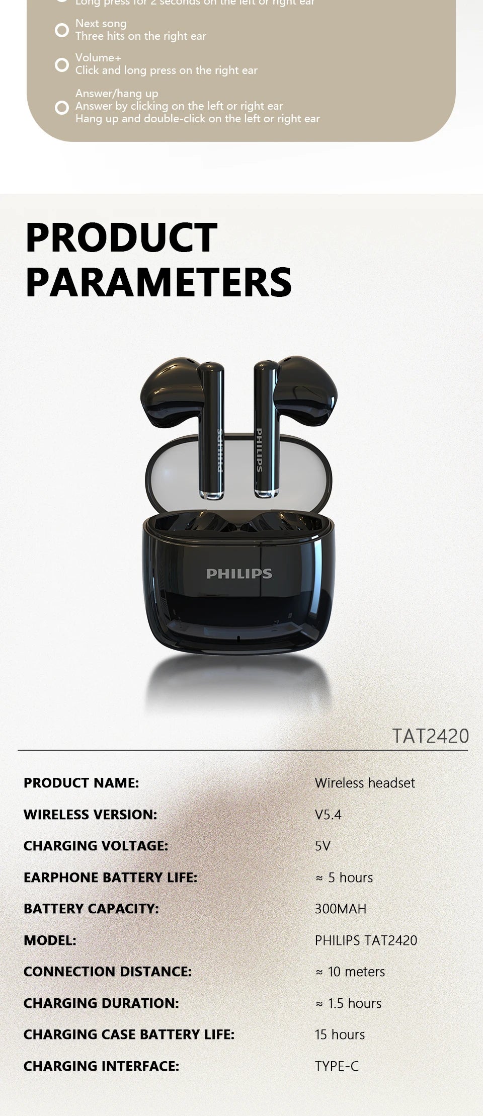 PHILIPS TAT2420 Semi-in-ear Wireless Bluetooth Earphones HIFI Sound Quality Call Noise Reduction Mini Portable Music Headset