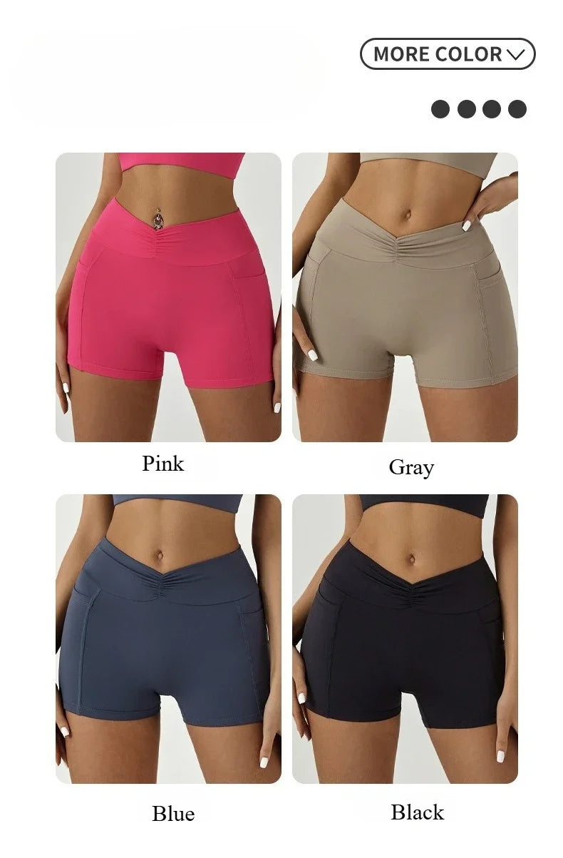 Tight Fitting Hip Yoga Shorts Pockets Women High Waisted Fitness Outdoor Leggings Scrunch Lifting Yoga Biker Shorts