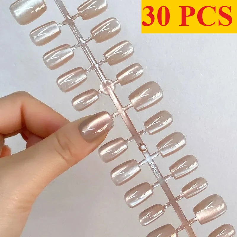 New 30Pc Cat Eyes Effect Press On Nails UV Gel Magnetic Cat Eye Fake Nails Handmade Artificial Nail Tips with Adhesive for Girls