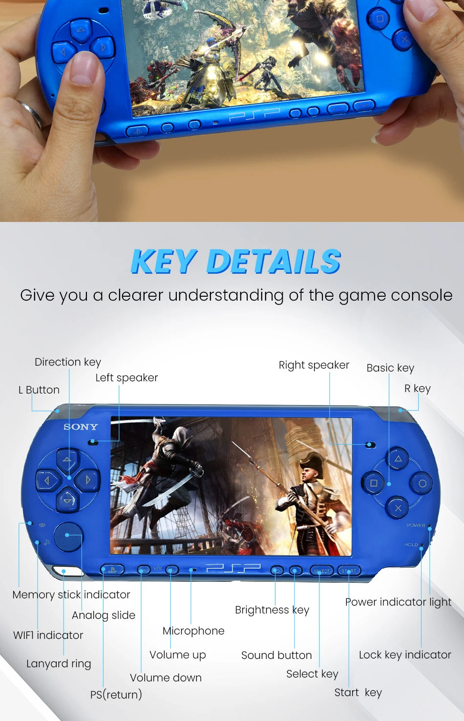 PlayStation PSP 3000 VIBRANT BLUE (PSP-3006) Original Game Console Sony PSP3000 Handheld Arcade Game Console (+Free Games)