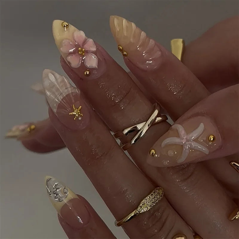 24PCS 3D Sweet Pink Flower Almond Press on False Nails with Yellow French Diamonds Fake Nails Artificial Wearable Tips with Glue