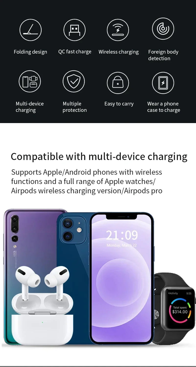 30W Wireless Charger Stand For iPhone15 14 13 12 11 Apple Watch 3 in 1 Foldable Fast Charging Station for Airpods Pro iWatch 8 7