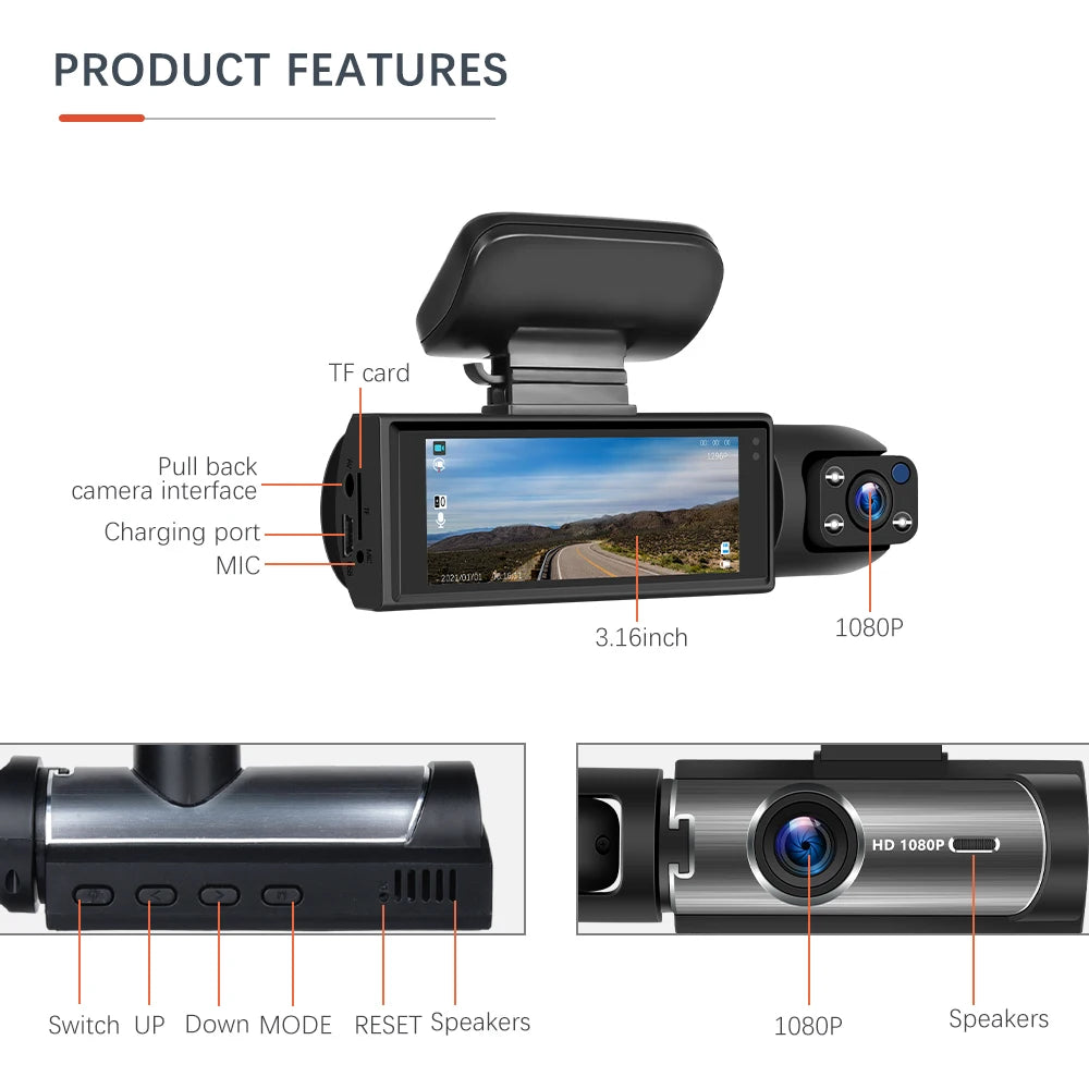 Dash Camera Front And Inside,3.16inchdash Cam 1080P G Sensor HD Night Vision Loop Recording Wide Angle Car DVR