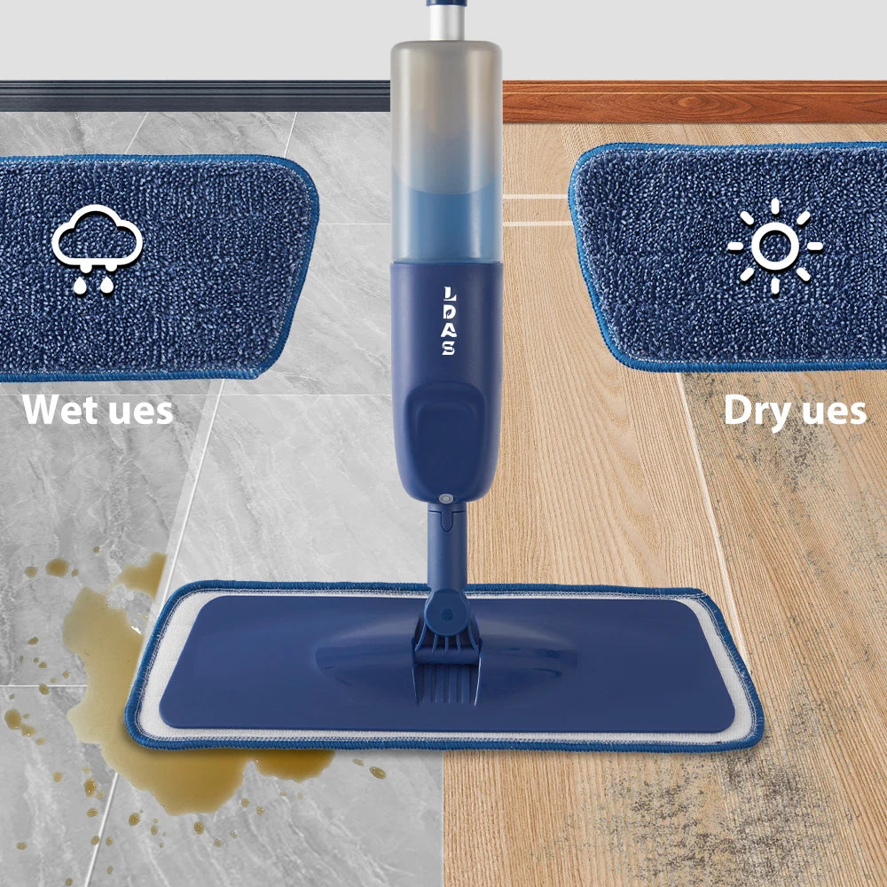 DARIS Spray Mop, 500ml Bottle, 3 Microfiber Mop Pads, Scraper, Mop Clip, Wet and Dry Use, Flat Floor Cleaning Mop