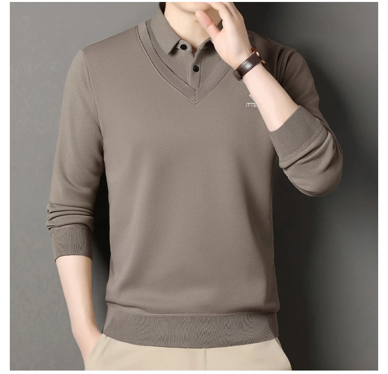 Men's Winter Sweater Velvet Pullover Solid Color Slim Fit Elegant Luxury Brand Knitwear Fake Two Pieces Knitted Sweaters