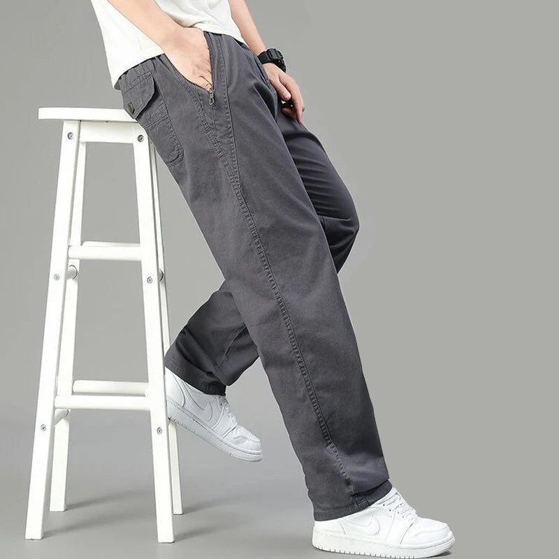 Big Size Men's Cargo Pants Casual Loose Straight Pants Cotton Long Trousers Zipper Pockets Mens Jogger Pants 5XL 6XL