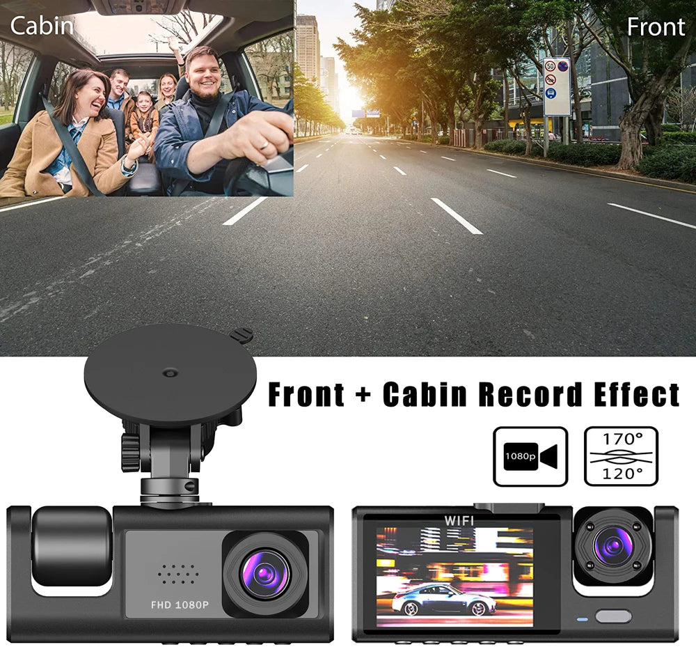 WiFi 3 Channel Car DVR Three Way Dash Cam Inside Vehicle Camera DVRs Recorder FHD 1080P Video Mini Registrator Dashcam Camcorder