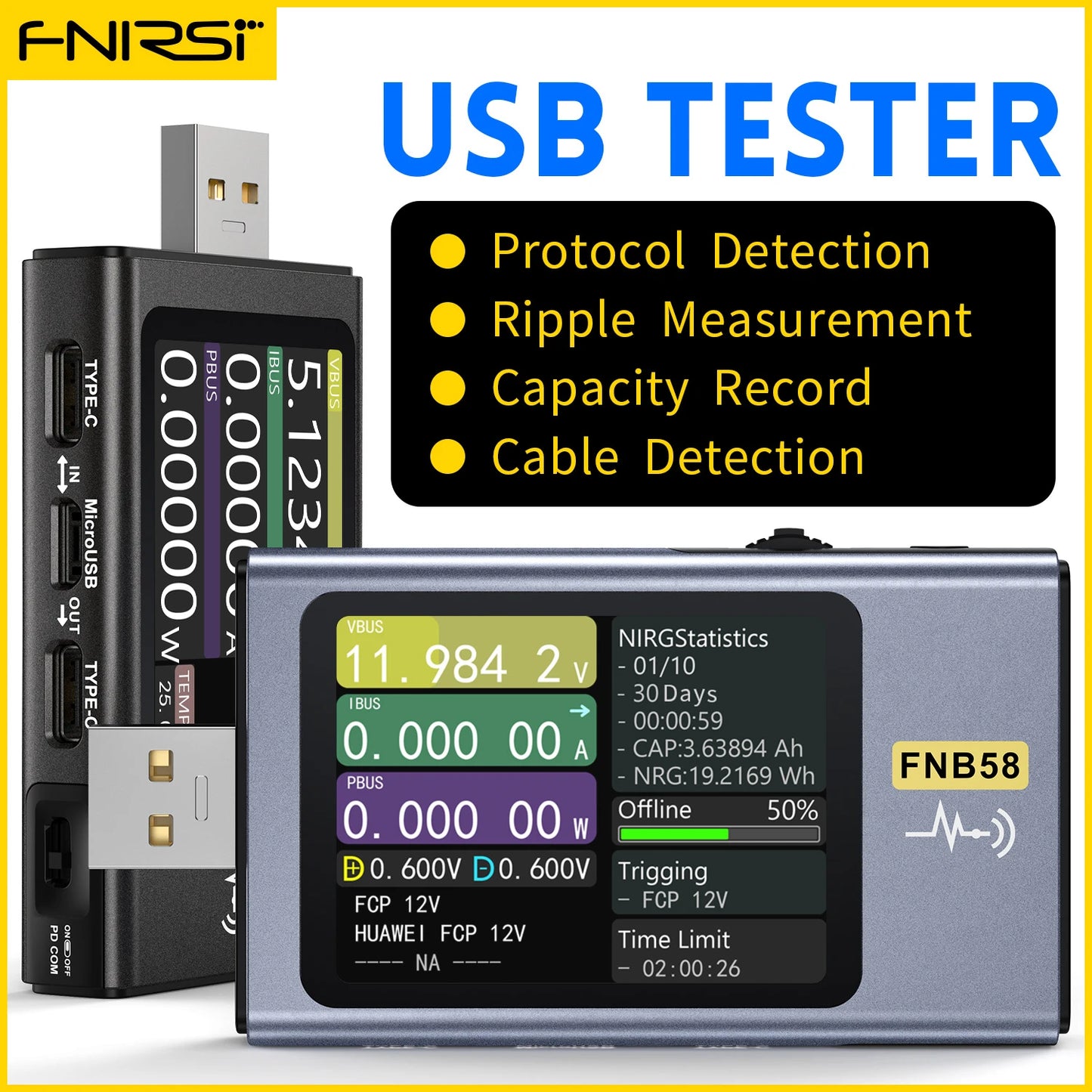 FNIRSI-FNB58 Digital Voltmeter Ammeter USB Tester TYPE-C Fast Charge Detection Trigger Capacity Measurement Ripple Measurement