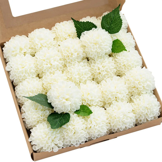 Dahlia Artificial Flowers 25 pcs White Flowers, Fake Flowers w/Stem for DIY Wedding Decor Centerpieces Arrangements Bouquets