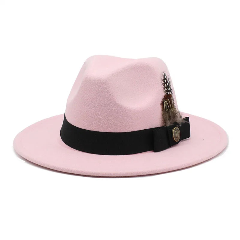 White Woolen Gentleman Classic British Jazz Feather Top Hat Wide Brim Party Church Wedding Fedora Hats Men Women Panama Felt Cap