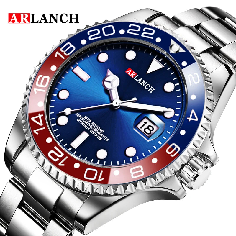 Business Stainless Steel Watch 40mm Classic Red Blue Circle Diving Series Magnifying Glass Calendar Quartz Watches montre homme