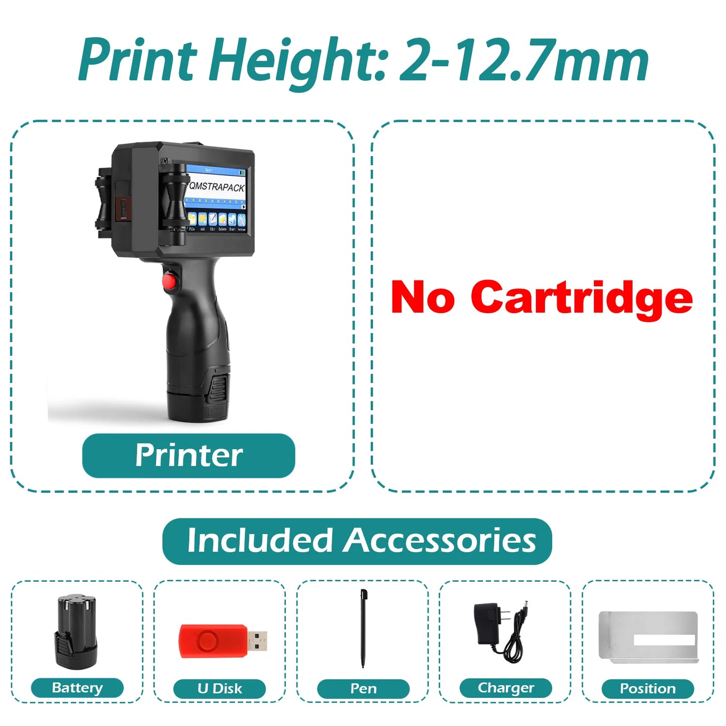 Non-encrypted Handheld Inkjet Printer Gun  12.7mm with Fast-Drying Ink for Text QR Barcode Batch Number Logo Date Label Printer