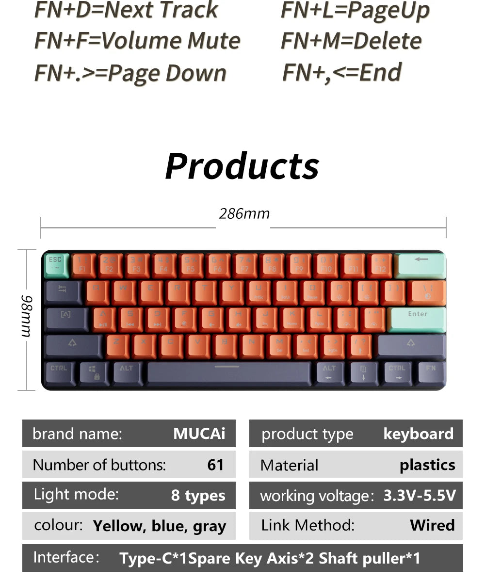 MUCAI 61 key mechanical keyboard red switch RGB backlight hot swappable compact and practical designed for gaming and typing