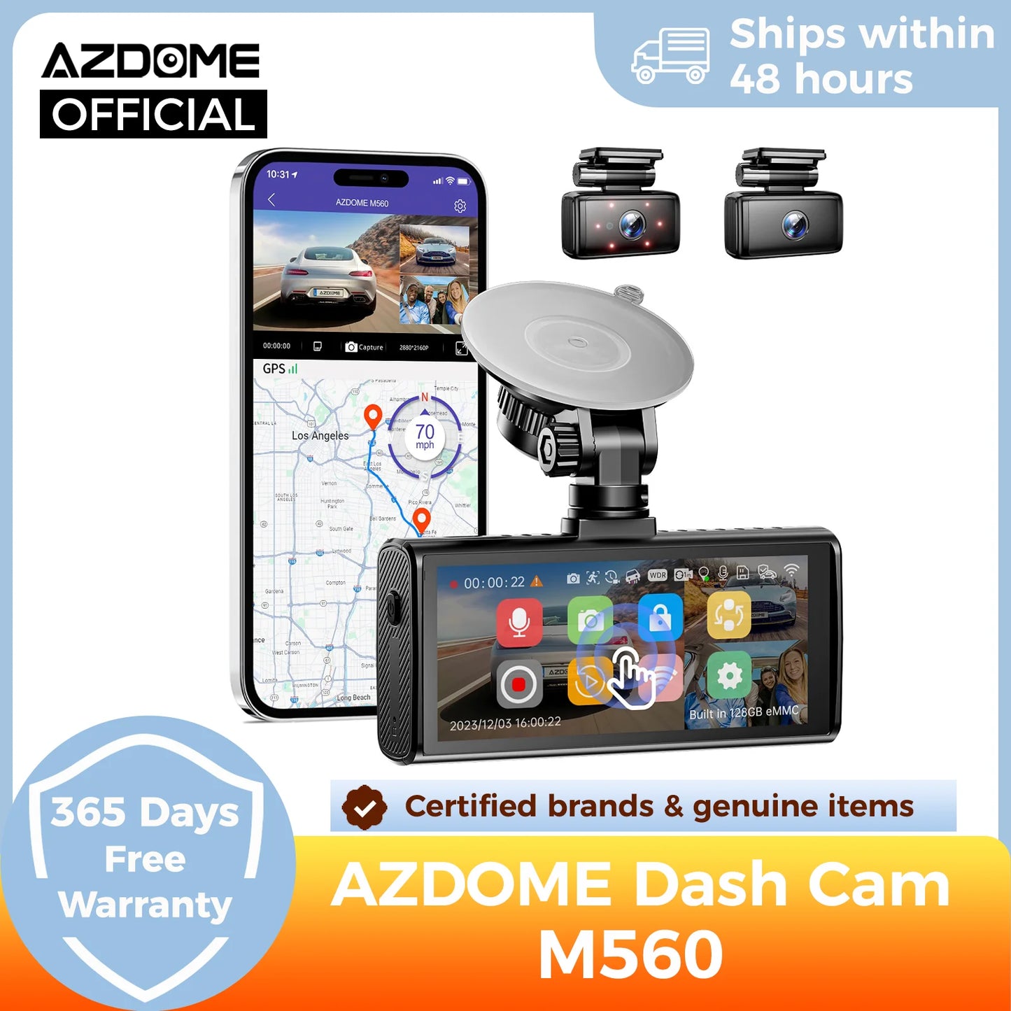AZDOME M560 Car DVR 4K+1080P+1080P 3 Channel Dash Cam 4" IPS Touch Screen Built-in 128GB eMMC GPS WIFI G-Sensor IR Night Vision