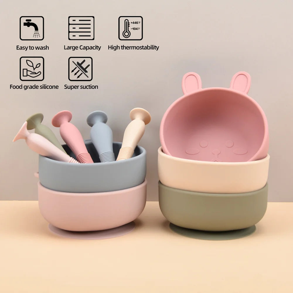 BPA Free 2Pcs/1Set Silicone Baby Feeding Bowl Silicone Dishes for Baby Tableware Waterproof Spoon Non-Slip Crockery Bowl