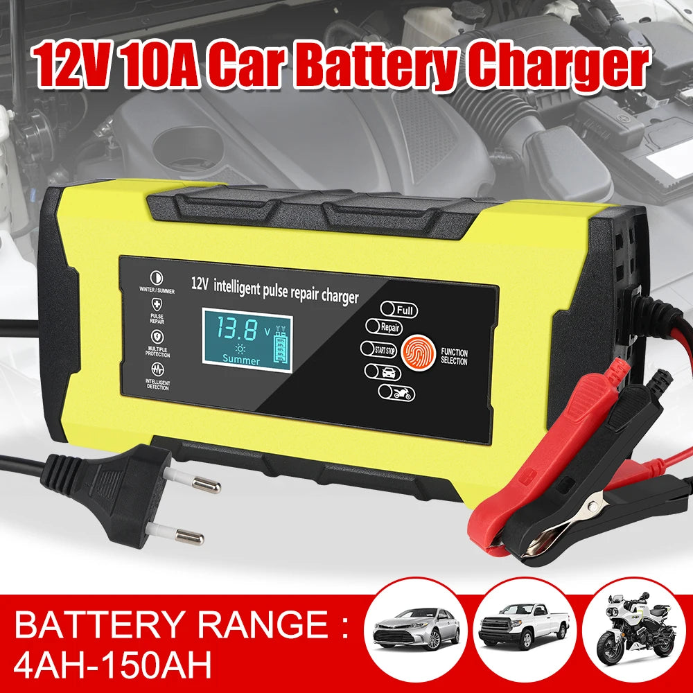 12V 10A Intelligent Fast Power Charging Auto Pulse Repair Car Motorcycl Battery Charger Digital LCD Display Automatic Smart Fast