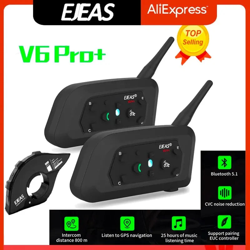 EJEAS V6 PRO +/PLUS Bluetooth Motorcycle Helmet Intercom Headset with 800M BT Interphone Communicator for 6 Riders Waterproof