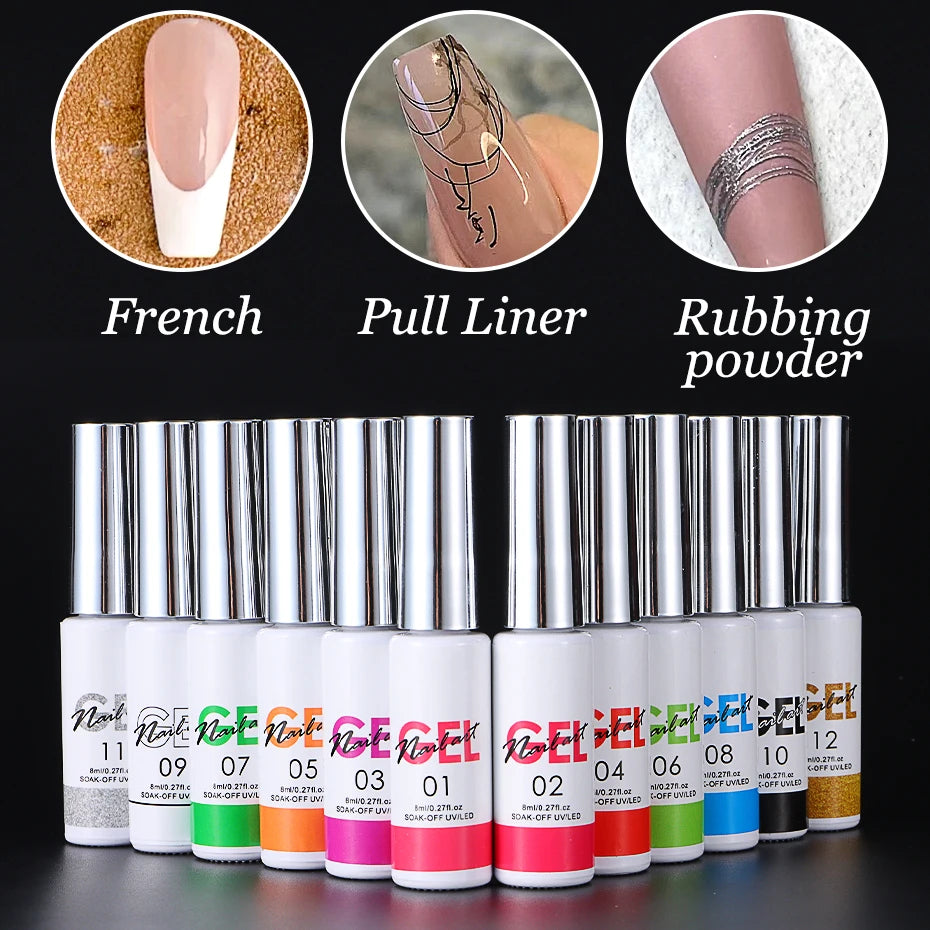 12Color 8ml Metallic Spider Gel Line Painting Gel Nail Polish Set French Line Design 3D Varnish For DIY Drawing Manicure Art