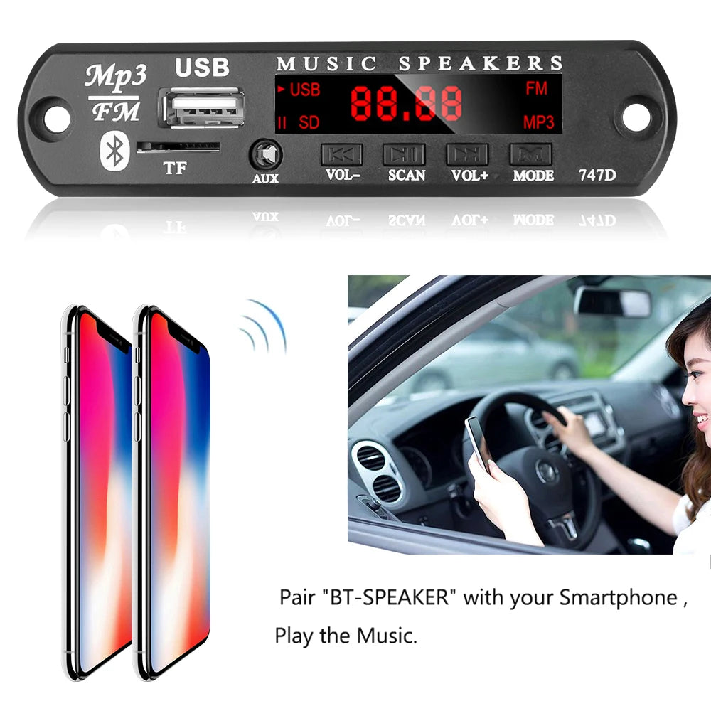 Kebidu 6V-24V Bluetooth 5.0 Car Kit Wireless MP3 Decoder Board Audio WMA Car Music Player Module Lossless Audio USB AUX TF Radio