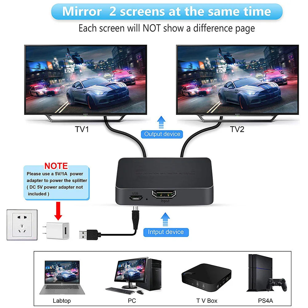 4K HDMI-compatible Splitter 1x2 Video Distributor 1 in 2 out Switch Amplifier 1080P Dual Display PC Laptop Monitor Projector