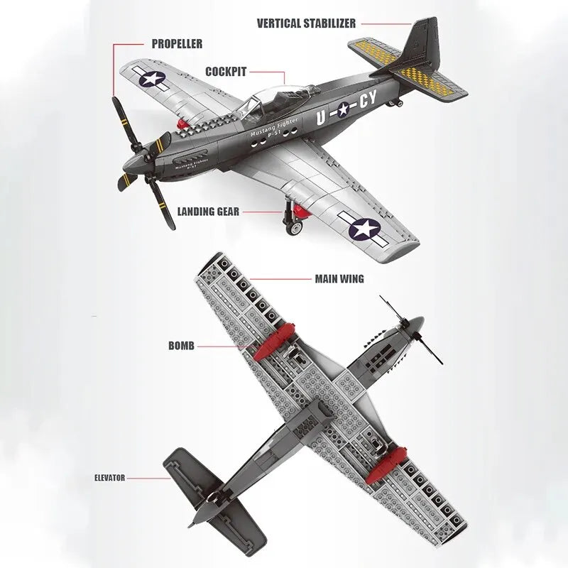 WWII Military 1/26 P51 Mustang Fighter Building Blocks North American Air Force Jet Plane Toys For Kids Adult Gift