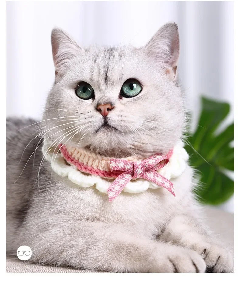 Cute Bow-knot Hand-knitted Saliva Towel  Kitten Cat Puppy  Adjustable Collar Pet Decorative Dog Cat Collar Pet dog Accessories