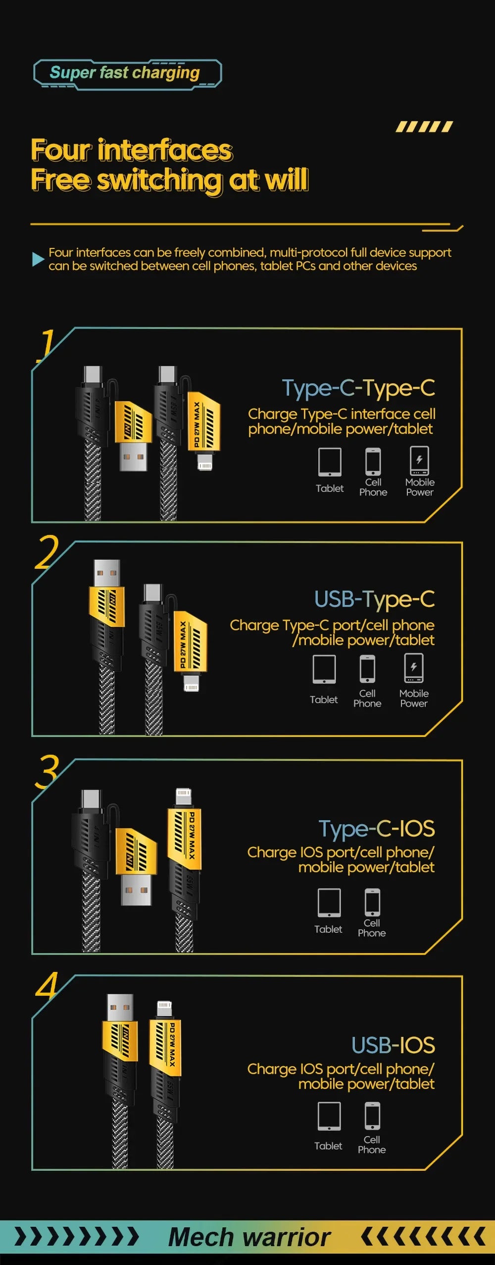 4 in 1 PD 65W 27W USB Cable Type C Dual Connector Lighting Mecha Style Fast Charging USB C Cable For iPhone 15 Samsung Xiaomi