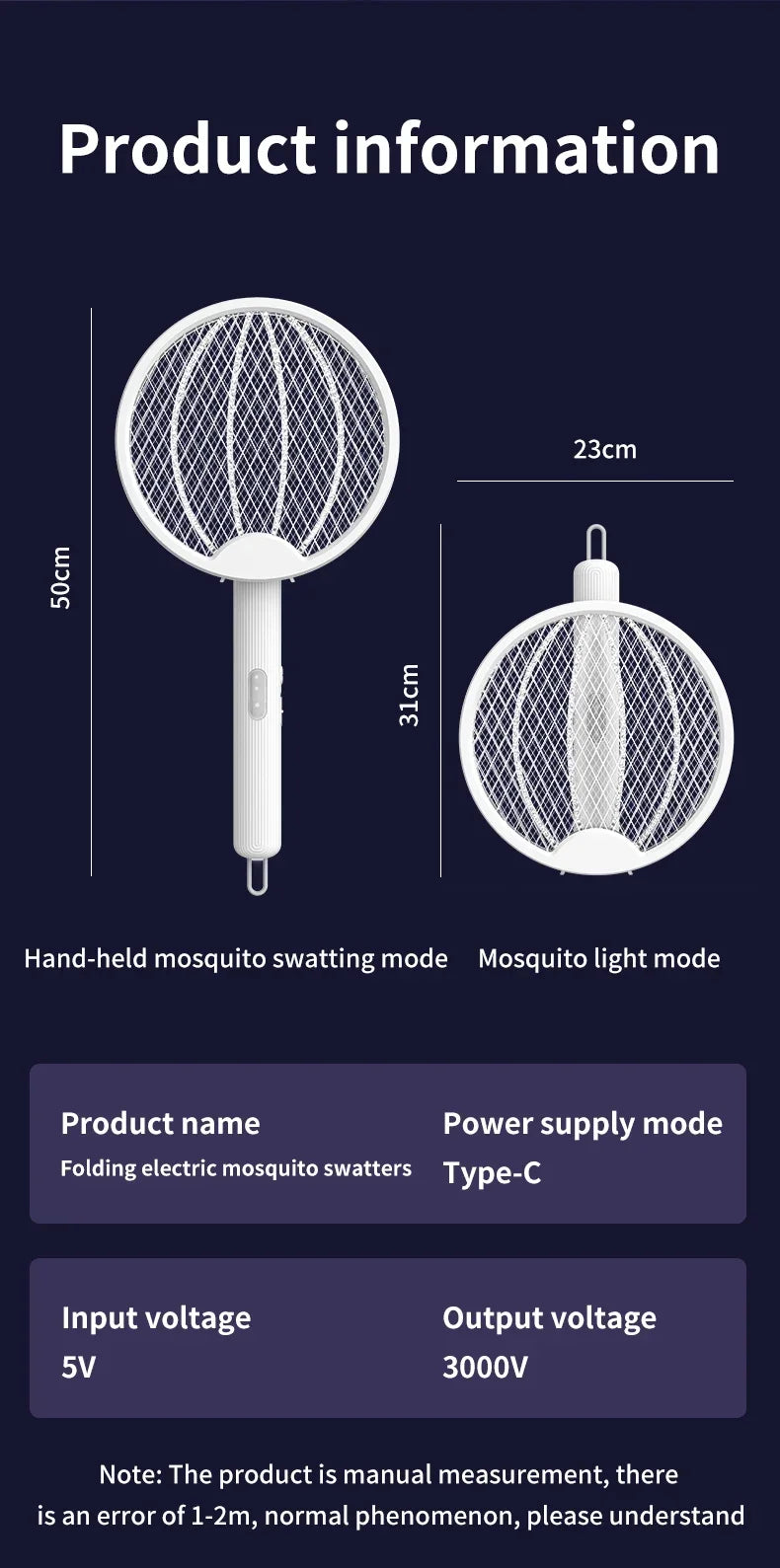 Foldable Electric Mosquito Killer Fly Swatter Trap USB Rechargeable Mosquito Racket Insect Killer with UV Light Bug Zapper 3000