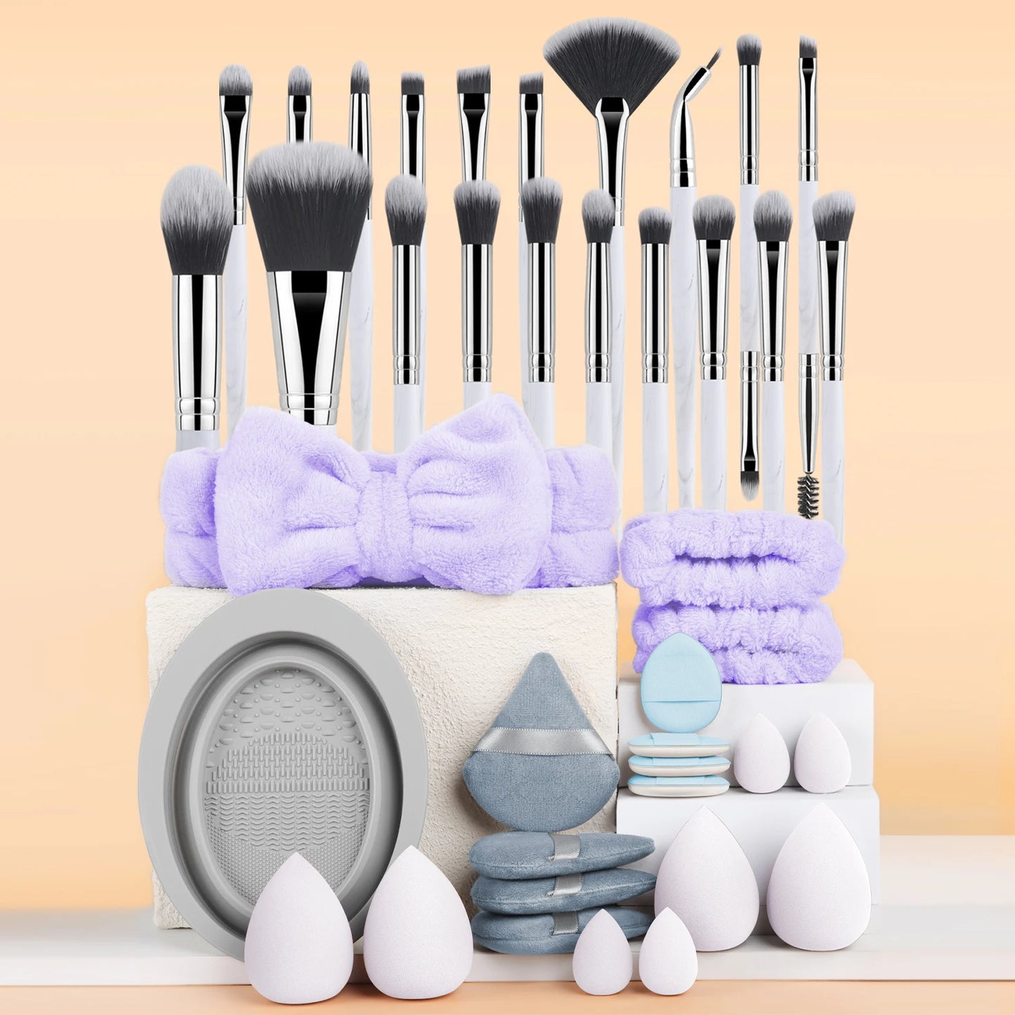 40-piece makeup tool set - 20-piece makeup tools + 16-piece powder puff set + dishwashing, hairband and wristband