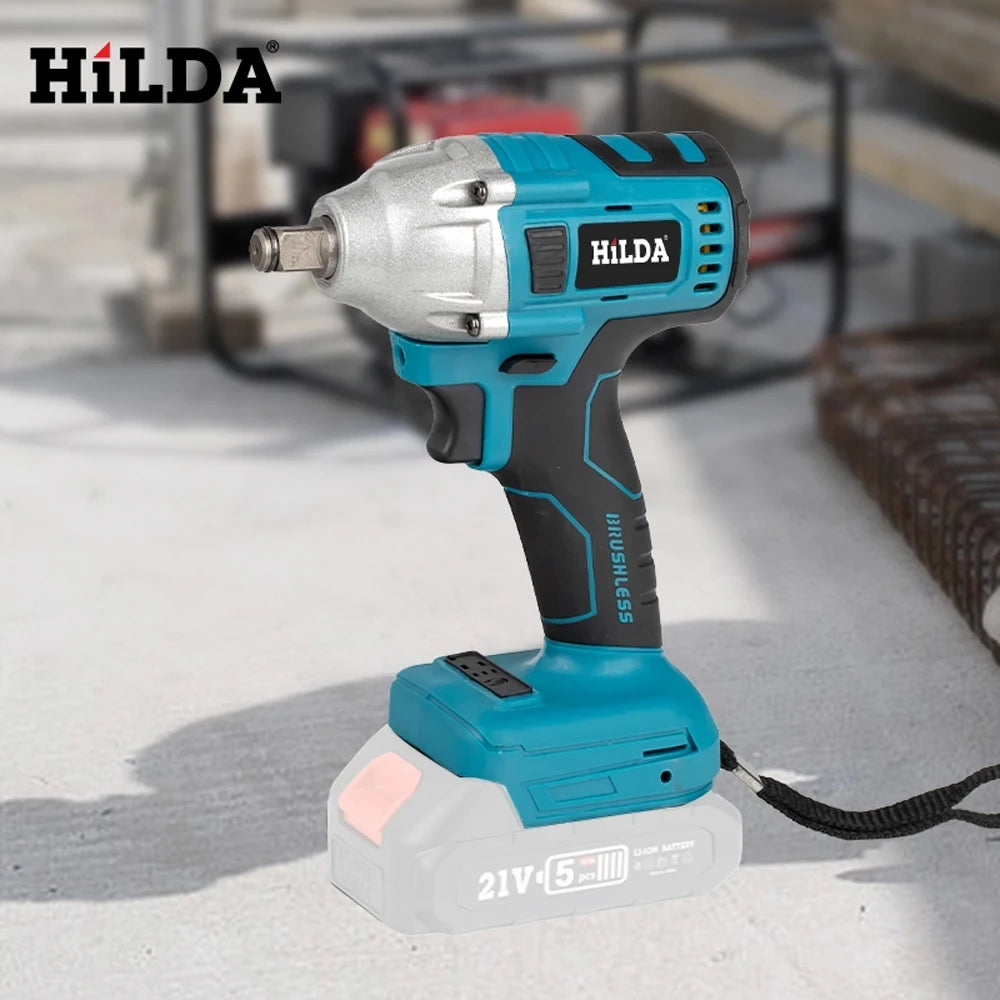 HILDA 18V Blue Brushless/Brushed Electric Impact Wrench Rechargeable 1/2 Socket Wrench Cordless for Makita Battery