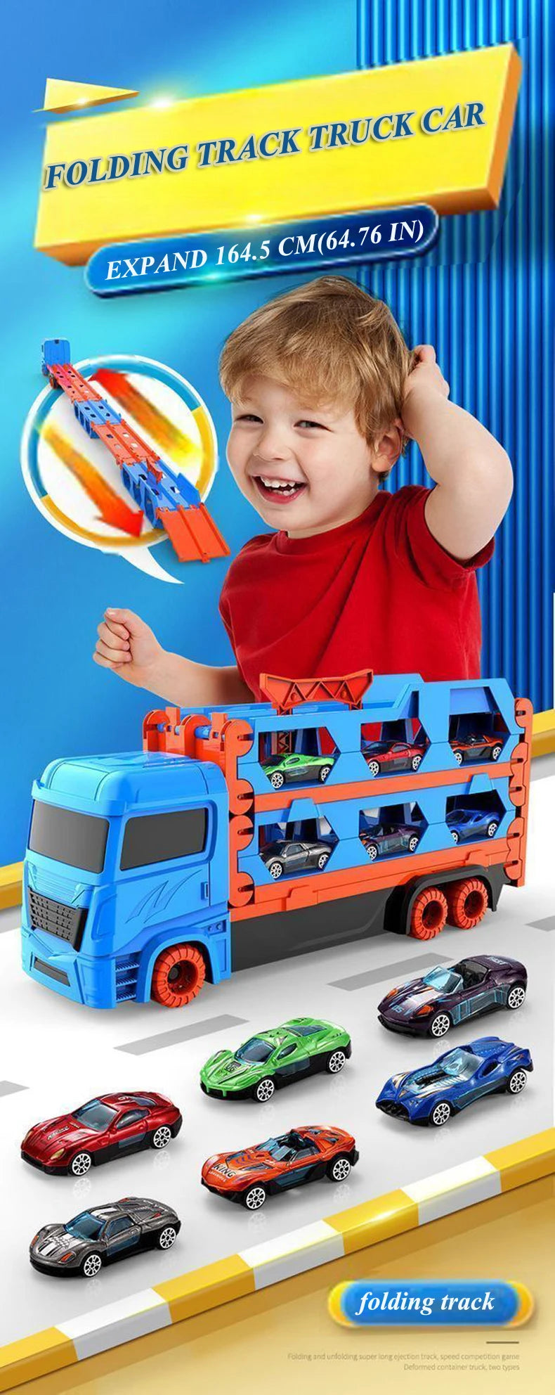Transport Truck Toy 65-Inch Foldable Toddler Car Carrier for Boy Girl 9 in 1 Race Track and Die-Cast Truck Race Car Gift Vehicle